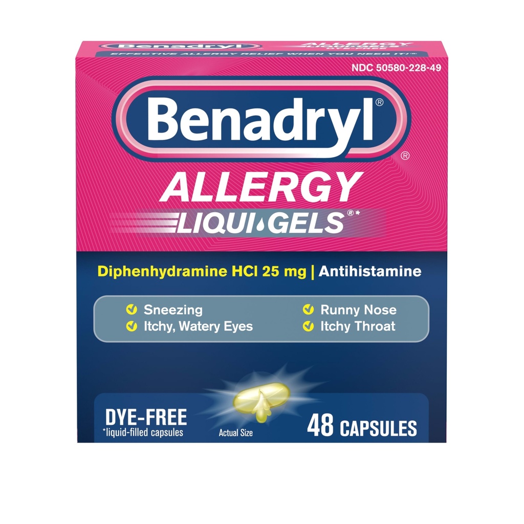 Benadryl Liqui- Gels Antihistaminikum Alergická medicína a úľava od studeného symptómov, bezfarbené tekuté gély s 25 mg difenhydramín HCl pre symptómy, ako je, Runny nose, sipot a viac, 48 ct