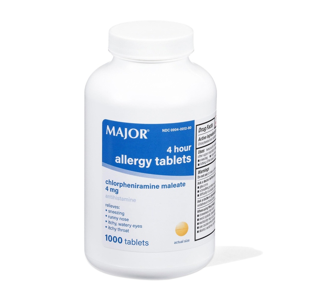 MAJOR 4 Hodina Alergické tablety - Chlorfeniramín Maleát - 4 mg - Antihistaminikum - 1000 Počet
