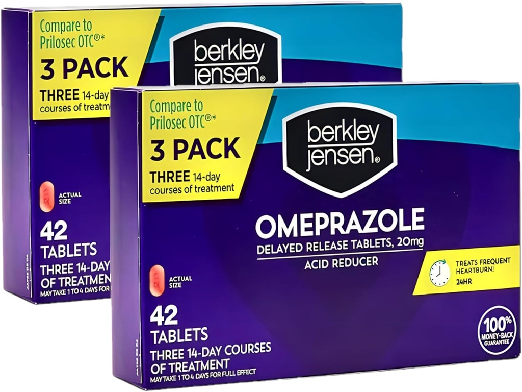 Berkley Jensen Omeprazol 20 mg Tablety s oneskoreným uvoľňovaním - Tablety na zníženie kyseliny pálčivej - lieky na liečbu častého pálenia záhy - 3 x 14-dňové kurzy, 42 grófov (súprava 2)