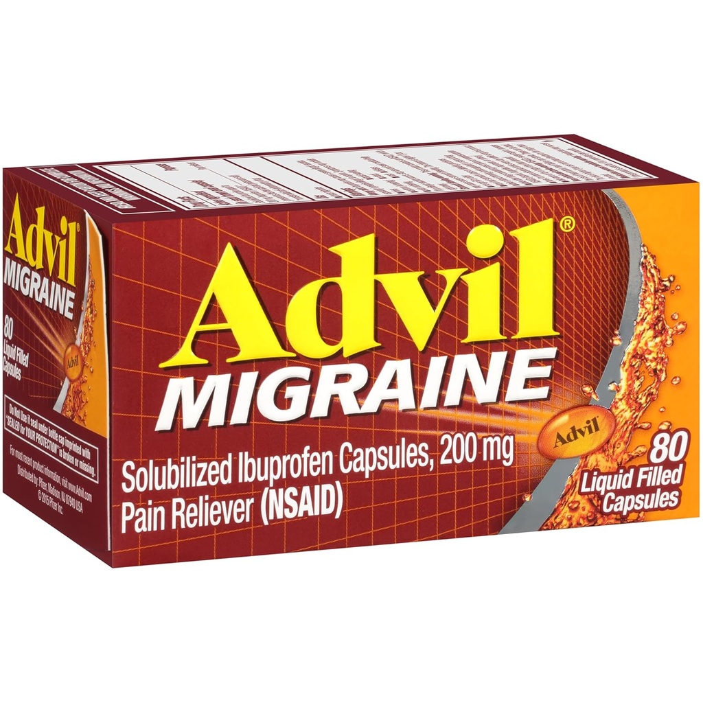 Advil Migraine Pain Reliever, Solubilised Ibuprofen 200 mg, 80 Počet, Tekuté naplnené kapsuly, Výkonný Migraine Relief