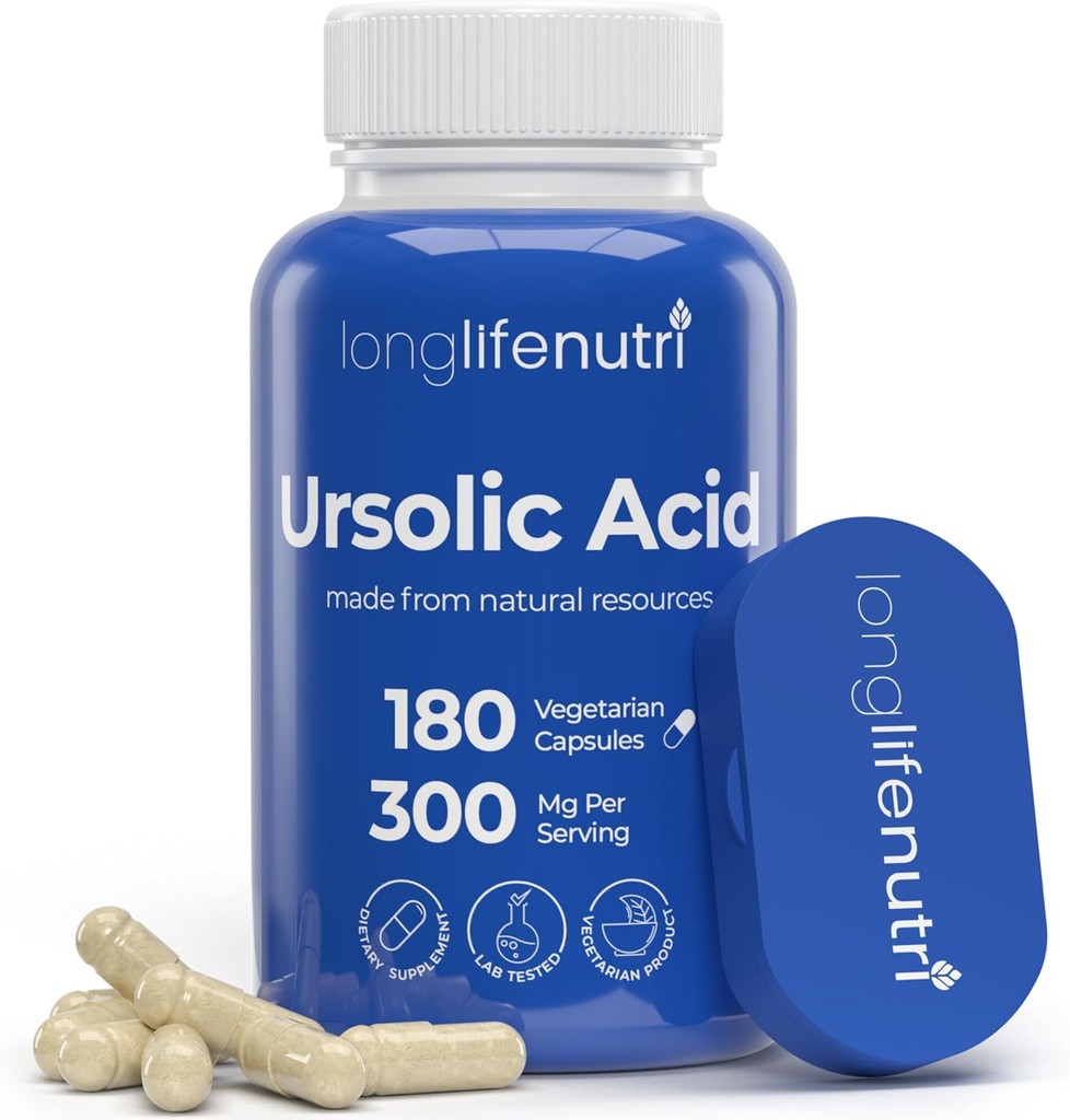 LongLifeNutri Ursolic Acid 300mg - Zdroj: Rosemary Leaf Extract, 180 Vegetariánske kapsule, Organic Supplement for Muscle Growth & Recovery, 2-Month Supply, Lab Tested, GMP Certified, Made in USA