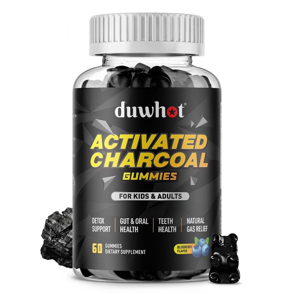Aktivované Charcoal Gummy pre deti, 500mg Chewable Activated Charcoal Supplement for Gas Relief, Detox, Digestive and Oral Health, Vegan Blueberry Flavor, 60 gróf