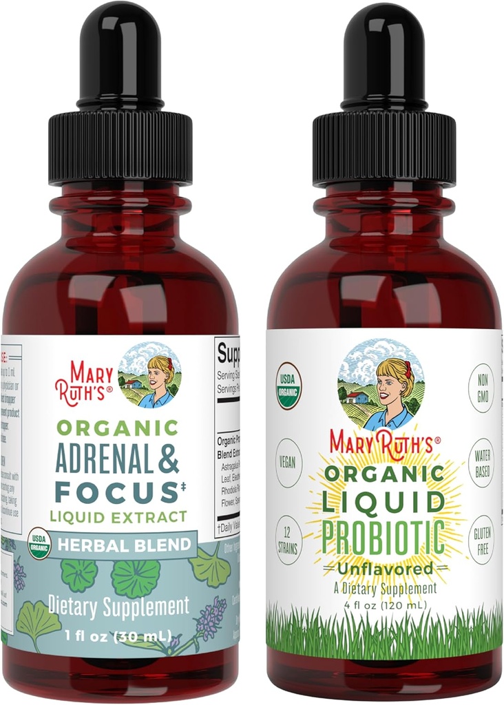 MaryRuth Organics Probiotic Supplement for Women Muži Deti a Adrenal Health & Focus Supplement, 2-Pack Bundle, Digestive & Gut Health, Cortisol Health, Stres Relief, Focus Nootropic Brain Supplement