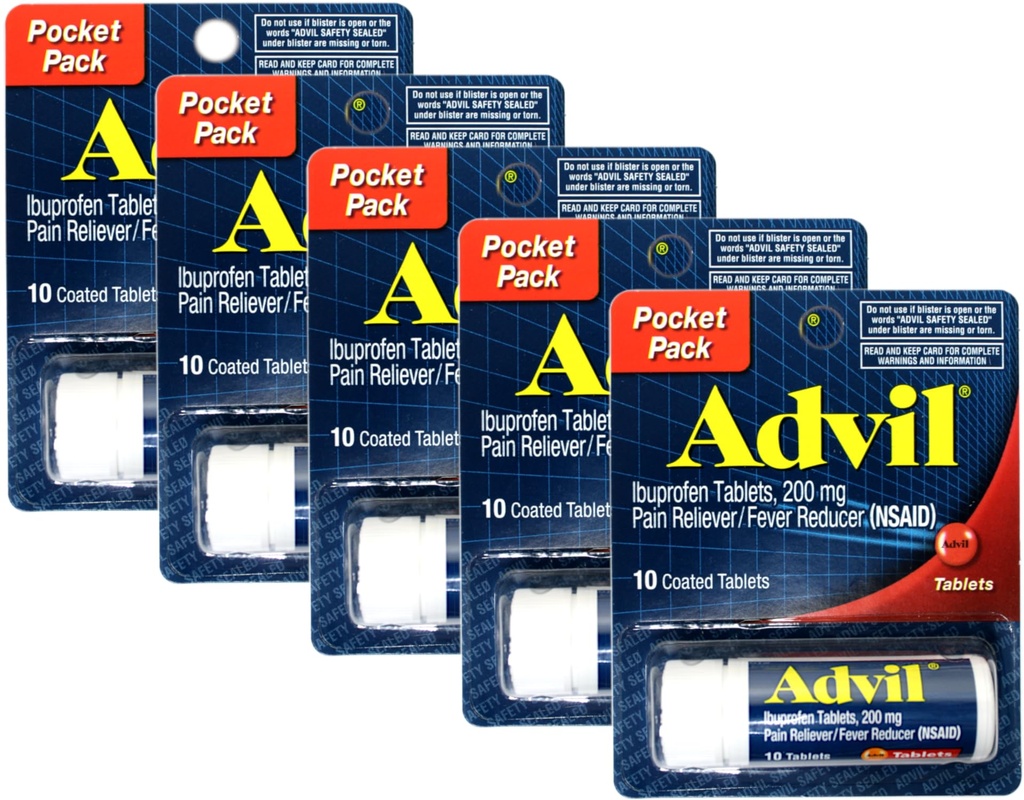Advil Ibuprofen 200 mg (NSAID) Vreckové balenie, 10 obalených tabliet (Pack of 5)
