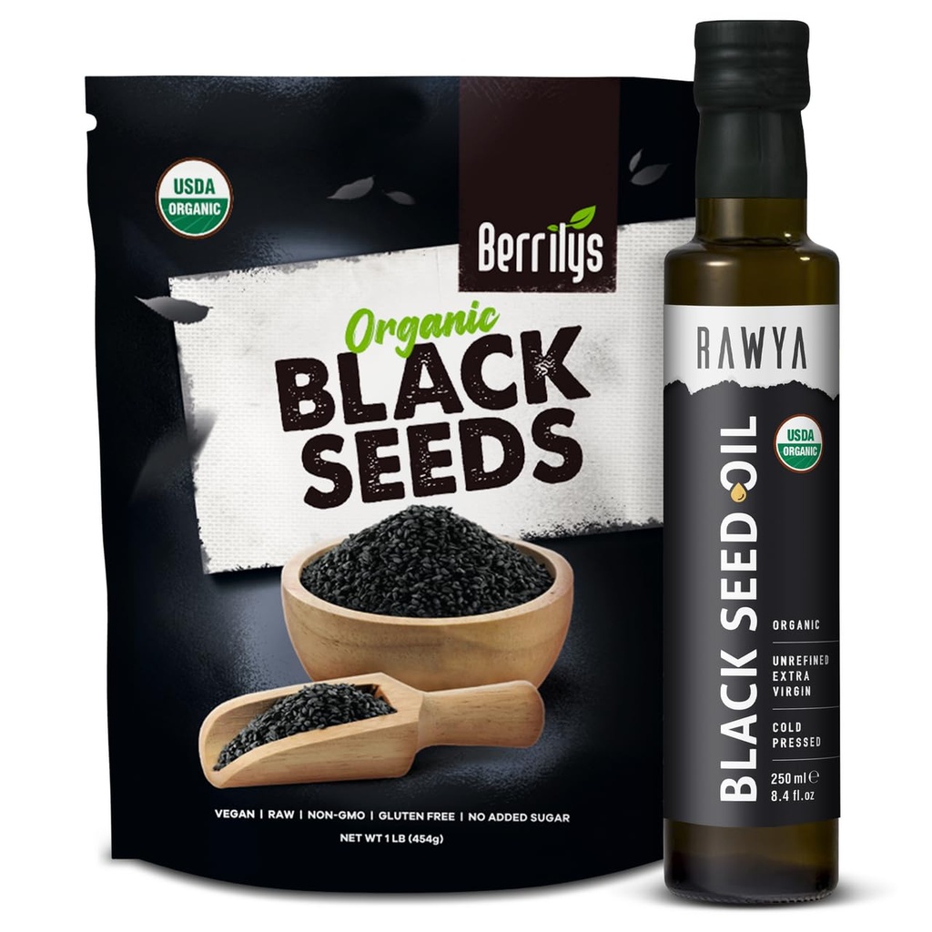 RAWYA Black Seeds + Black Seed Oil - USDA Organic Certified, Cold Pressed, Nigella Sativa, Cumin Seed Oil, Kalonji, Premium Quality, High Thymochinón, Pure & Natural, 8.4 Oz + 16 Oz Seeds