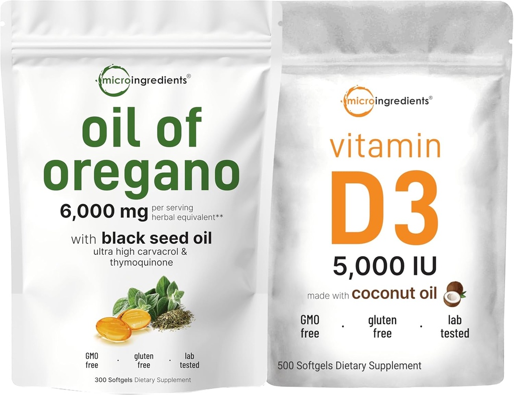 Micro Ingredients Oregano Softgels 6,000mg Per Serving & Vitamin D3 5,000 IU Bundle Pack 