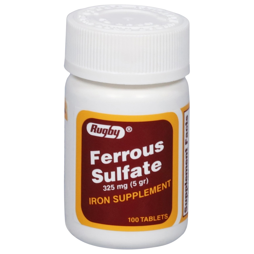 Rugby Ferrous Sulfate 325mg Tablety - Železo doplnok pre ženy a mužov - 100 Počet (1 balenie)
