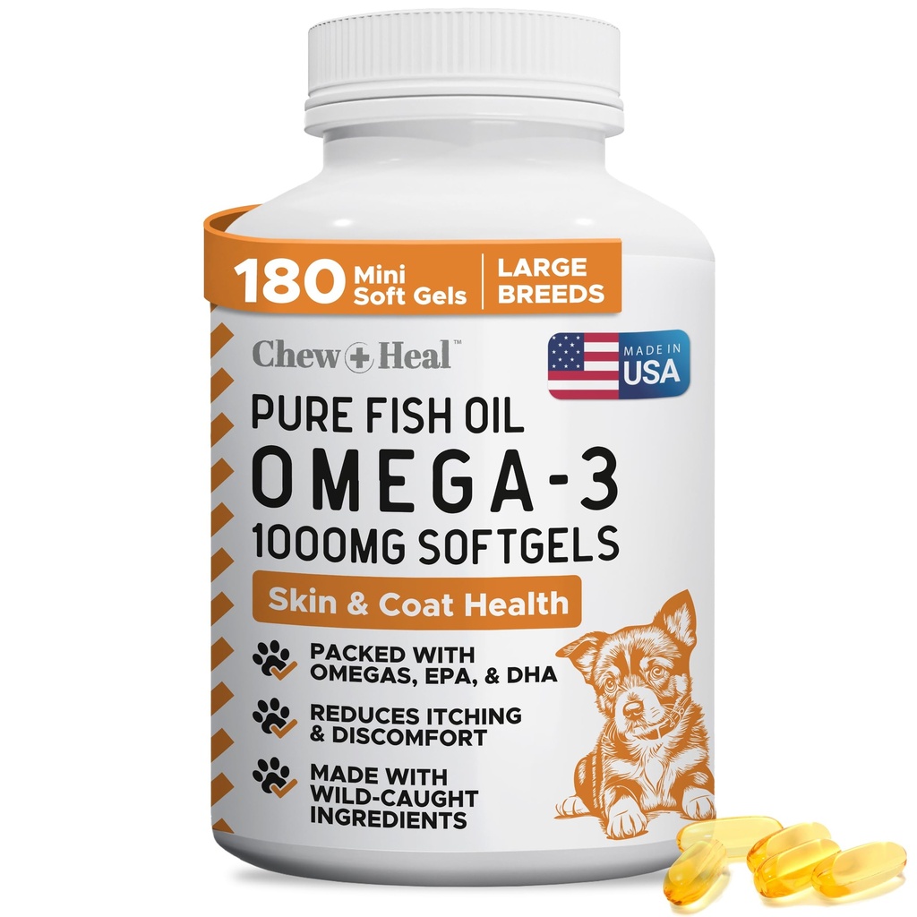 Wild Caught Omega 3 Fish Oil od Psy - 180 Softgel Kapsule od Healthy Skin and Coat - Large 1000 mg Dog Fish Oil Pills for Shedding, Dry Svrbing Skin, and Hot Spots - Pet Omega Salmon Supplement