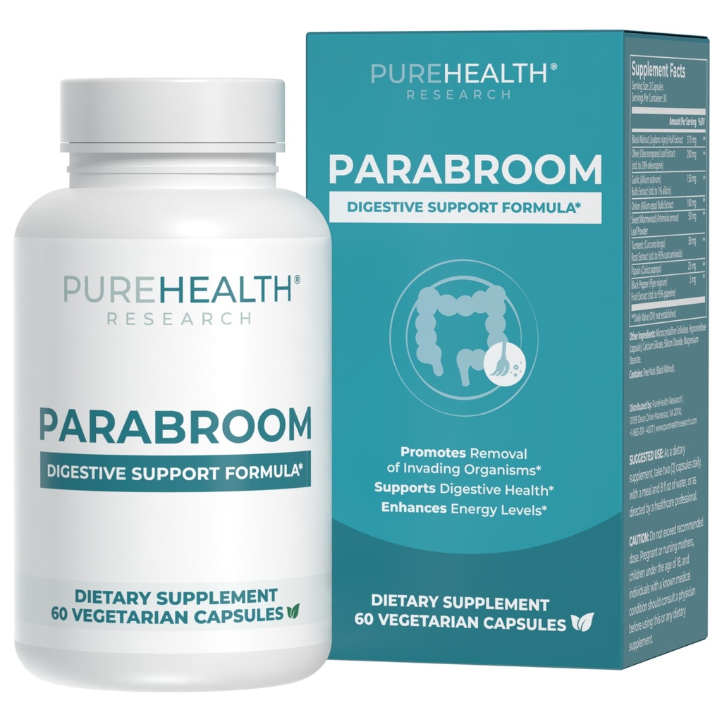 PUREHEALTH Research Parabroom - Gut Cleanse & Health Supplement - with Black Walnut, Sweet Wormwood Powder, Turmeric Extract, Olive Leaf, Cesnak & Cibuľa - Tráviaca podpora pre ženy a mužov 60 Kapsule