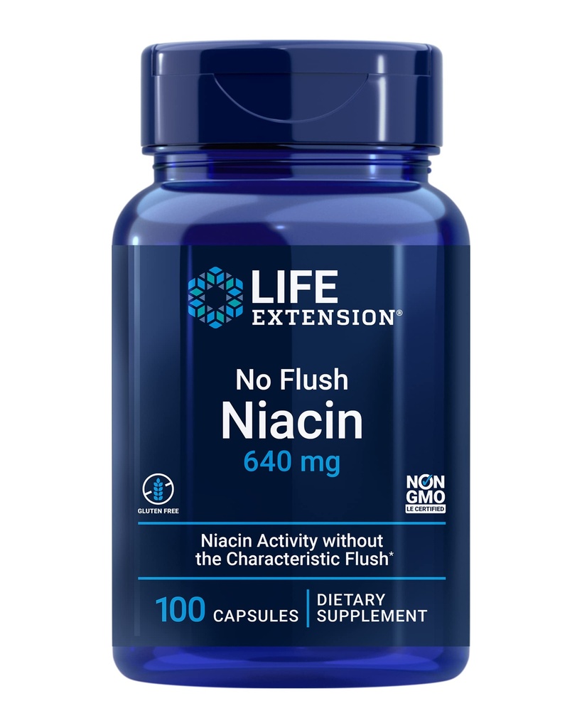 Life Extension No Flush Niacin, B3 for Heart Health, Cholesterol & Energy Support, Non-GMO, Gluten-Free, 100 kapsúl