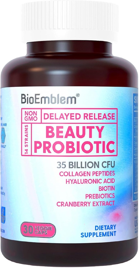 BioEmblem Beauty Probiotiká pre ženy, 35 miliárd CFU 14 Kmene s biotínom, kolagénom, prebiotiká pre tráviace zdravie, vlasy kože a nechty, Vaginal Probiotiká Supplement, Stabilné police, 30 Caps