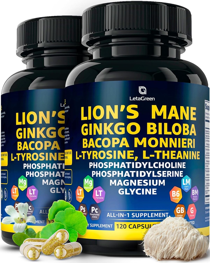 Organické Lions Mane Supplement Kapsule - 240 Real Huby Lion's Mane Kapsule s Ginkgo Biloba Herb, Bacopa Monnieri, L Theanine, L Tyrosine - Hubový komplex pre Daily Wellness