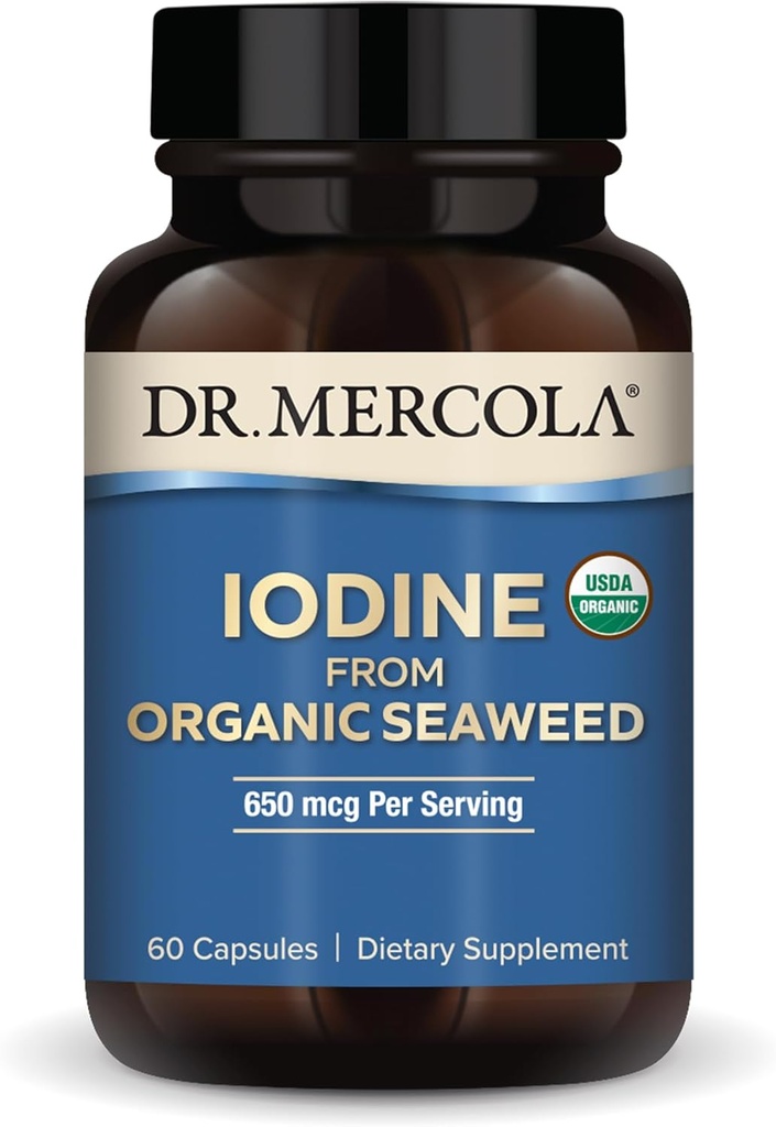 Dr. Mercola Iodine from Organic Seaweed, 650 mcg Per Serving, 30 Servings (60 kapsule), Dietary Supplement, Thyroid and Energy Support, Non-GMO, USDA Organic