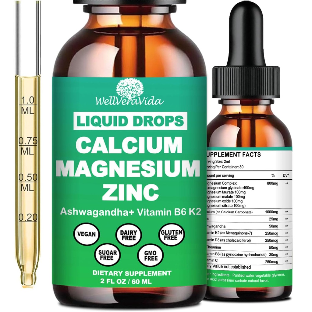 Vápnik Magnézium Zinok Tekuté kvapky s vitamínom D3 K2, vysoká potencia vápnika horčík doplnok w/Magnezium komplex, Zinok, Teaníne