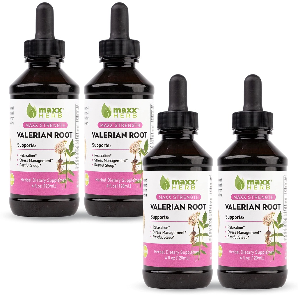 Maxx Herb Valerian Root Extract - Max Strength, Liquid Valerian Root Absorbs Better Than Capsules, for Relaxation and Restful Sleep, Alcohol-Free - 4 fľaše, 4 Oz Každý (240 Servings)