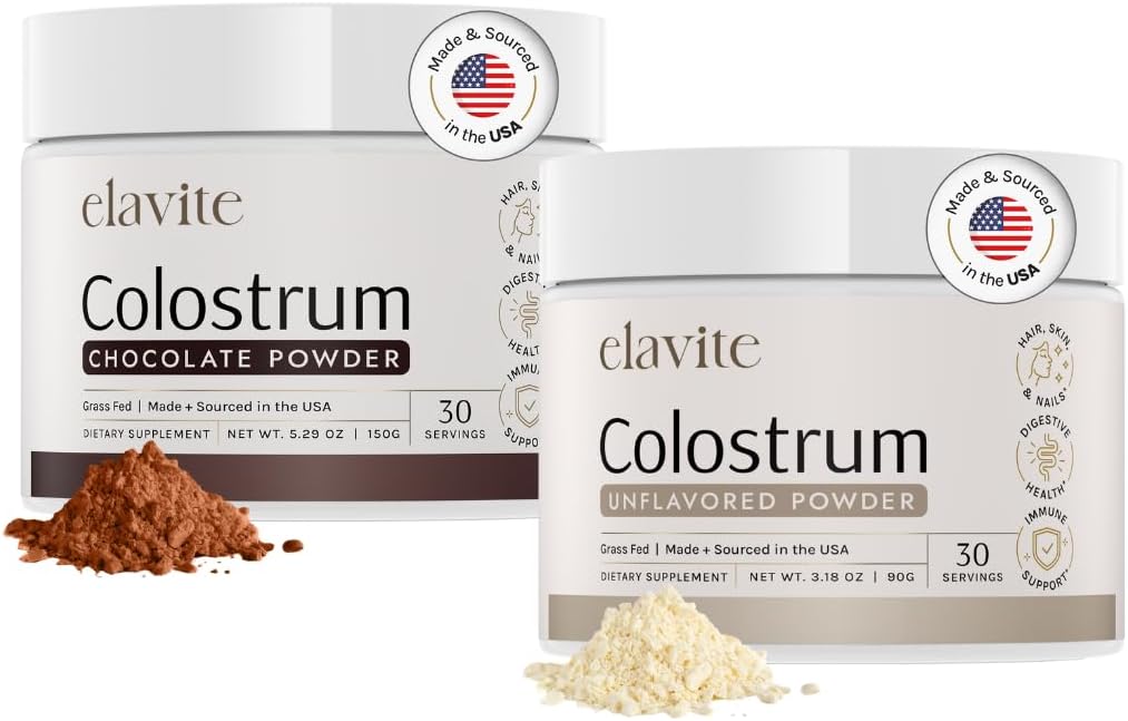 Bovine Colostrum Powder (60 Slúži) Bundle Grass Fed Colostrum pre ženy a mužov - Supplement for Healthy Hair, Skin & Nails - Chocolate & Unflavored - Made in USA