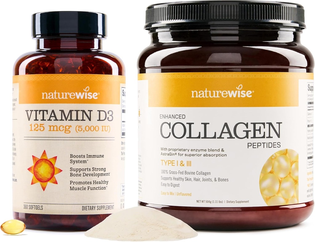 NatureWise Vitamín D3 5000iu (125 μg) 1 Rok dodávky pre zdravé svalovej funkcie Vylepšený kolagén Peptidy (45 Servings) - Hydrolyzed Type I & III