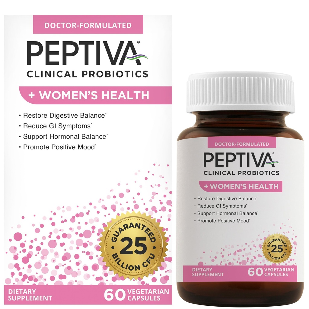 Peptiva Probiotiká pre zdravie žien - Probiotická a trávivá podpora žien, 25 miliárd CFU, Multi- kmeň probiotiká, Lactobacillus Acidophilus, Bifidobacterium - 60 Vegetariánskych kapsúl