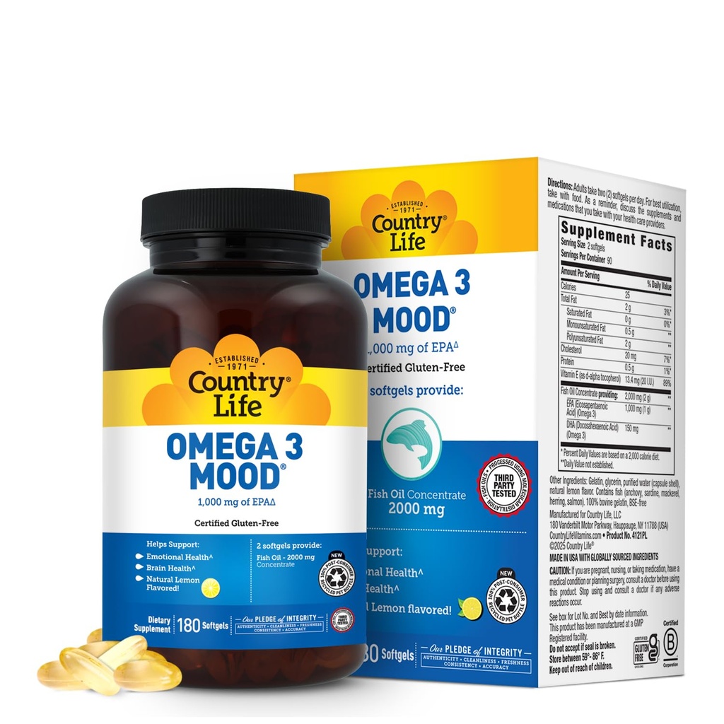 Country Life Omega 3 rybí olej doplnok - vysoká koncentrácia EPA a DHA Omega 3 mastné kyseliny - 2000mg rybí olej pre emocionálne zdravie, podpora nálady, a žiadne ryby chuť - prírodné citrónová príchuť
