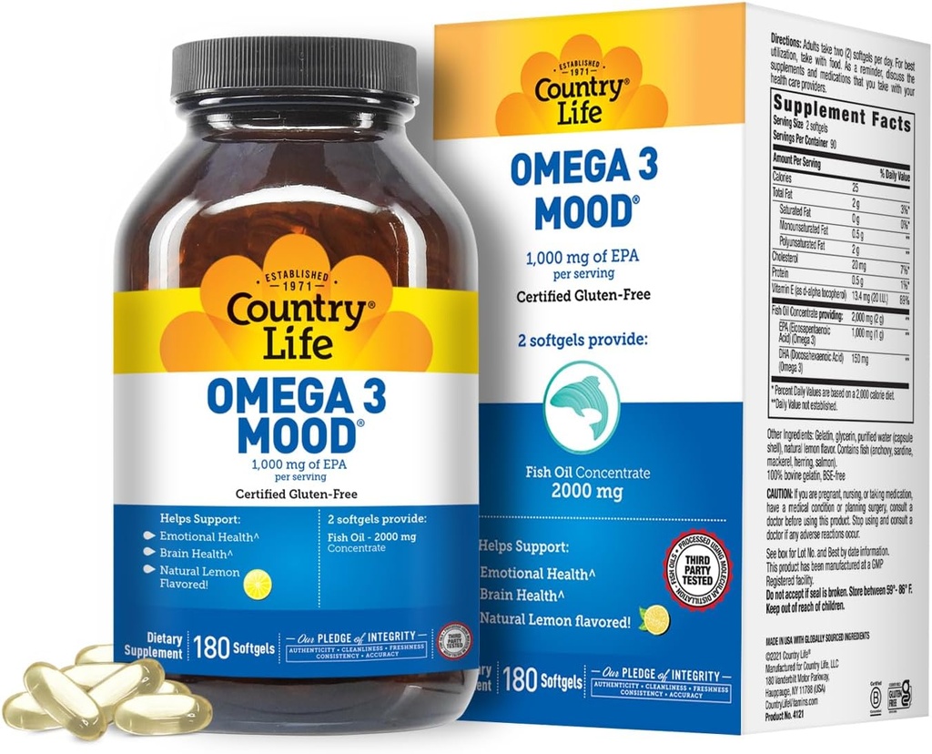 Country Life Omega 3 rybí olej doplnok - vysoká koncentrácia EPA a DHA Omega 3 mastné kyseliny - 2000mg rybí olej pre emocionálne zdravie, podpora nálady, a žiadne ryby chuť - prírodné citrónová príchuť