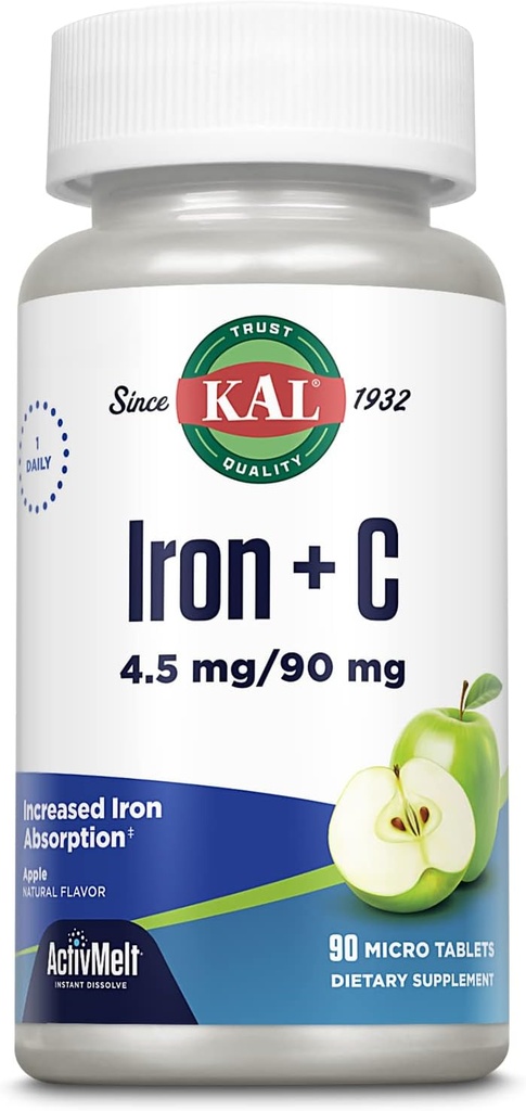 KAL Železo C, 90 tabliet, 4,5 mg/90 mg, prírodná jablková chuť, zvýšená absorpcia Železo Tablety, Imunitná podpora