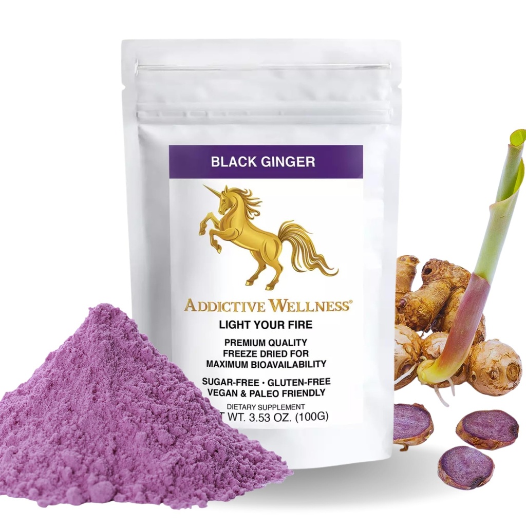Prídavný Wellness Thai Black Ginger pre mužov, Thai Black Ginger Supplement to Support Energy Metabolizmus, Vytrvalosť a výkon, mrazené sušené čierne zázvor prášok, 100 Grams, Vegan & Paleo