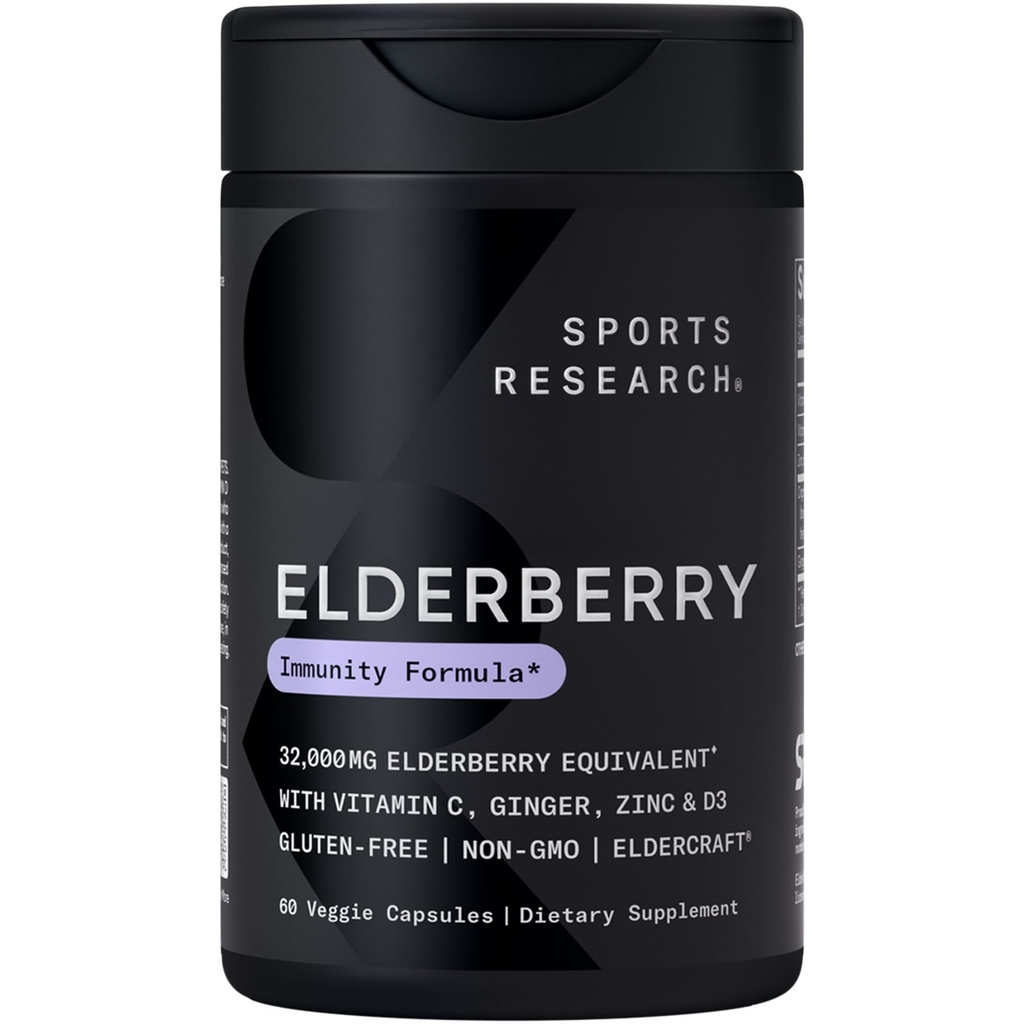 Športový výskum Black Elderberry s zinkom, vitamínom C, a vitamín D, Imunitná podpora Supplement pre dospelých, 60 kapsúl