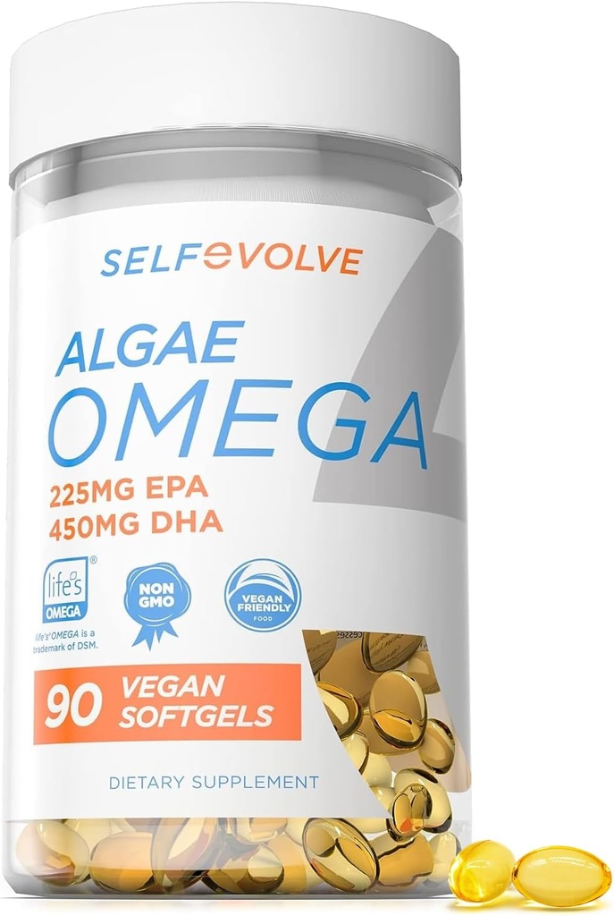 Algae Omega 3 1 500mg - Vegan Doplnok s patentovaným životom Omega 3 - Vysoká dávka EPA a DHA - Lepšie ako rybí olej - podporuje srdce, mozog, Spoločné zdravie - 90 Vegan Softgels