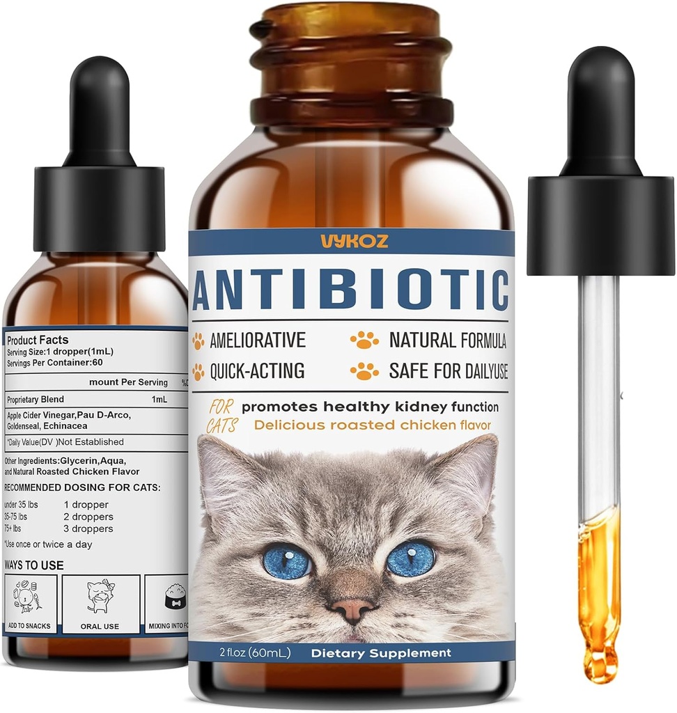 Antibiotiká pre mačky - Natural Cat Antibiotiká pre alergiu Itch Relief, Immune Posilnenie - Antibiotiká pre imunitné posily, infekcie močových ciest - Doplnkové vitamíny pre mačky a psov, 2 fl oz