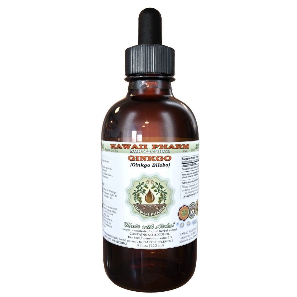 Ginkgo bezalkoholový tekutý extrakt, organický Ginkgo (Ginkgo Biloba) sušený Leaf Glycerite Hawaii Pharm prírodný bylinný doplnok 4 oz