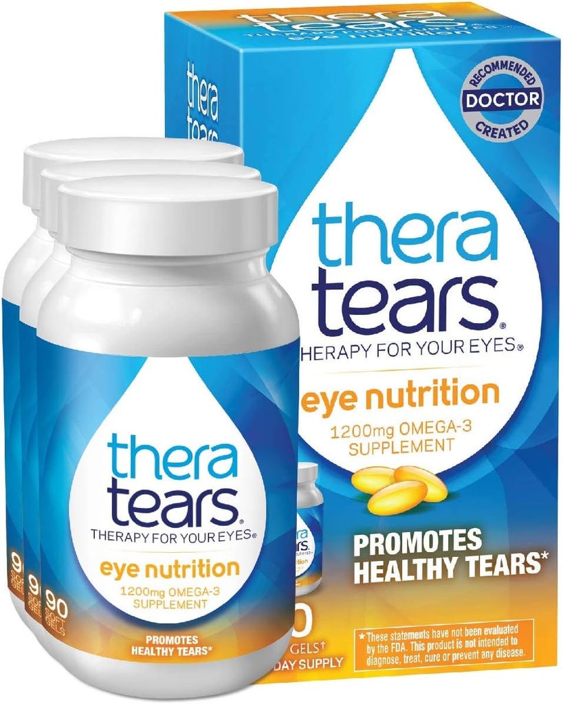 TheraTears 1200mg Omega 3 Supplement for Eye Nutrition, Organic Lankeed Triglycerid Fish Oil and Vitamín E, 90 count (Pack of 3)
