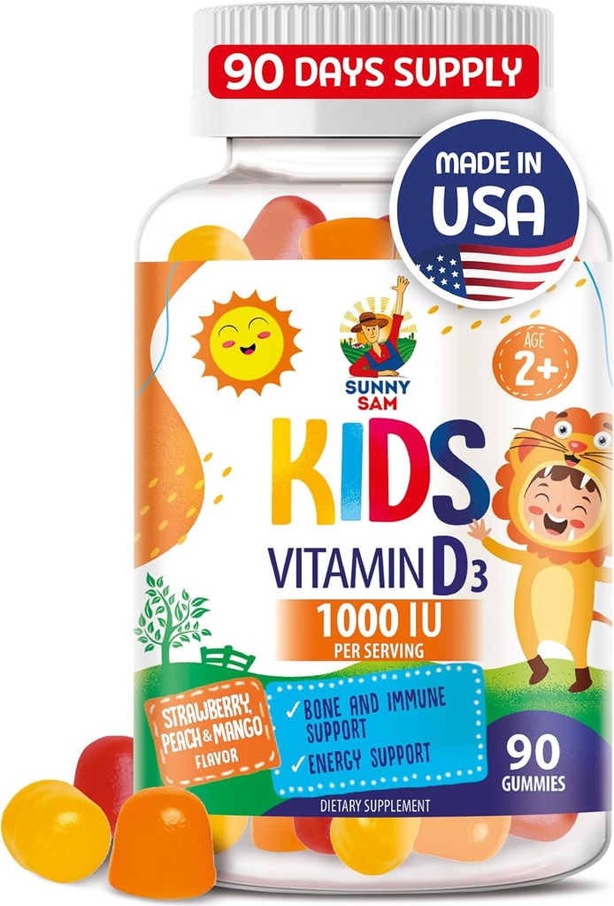 SUNNY SAM vitamín D3 Gumies 1000 IU pre deti a dospelých - Imunitná podpora Žuvačky s prírodnou príchuťou - Vegetarián, bez želatíny Imunitná podpora Vitamíny pre deti