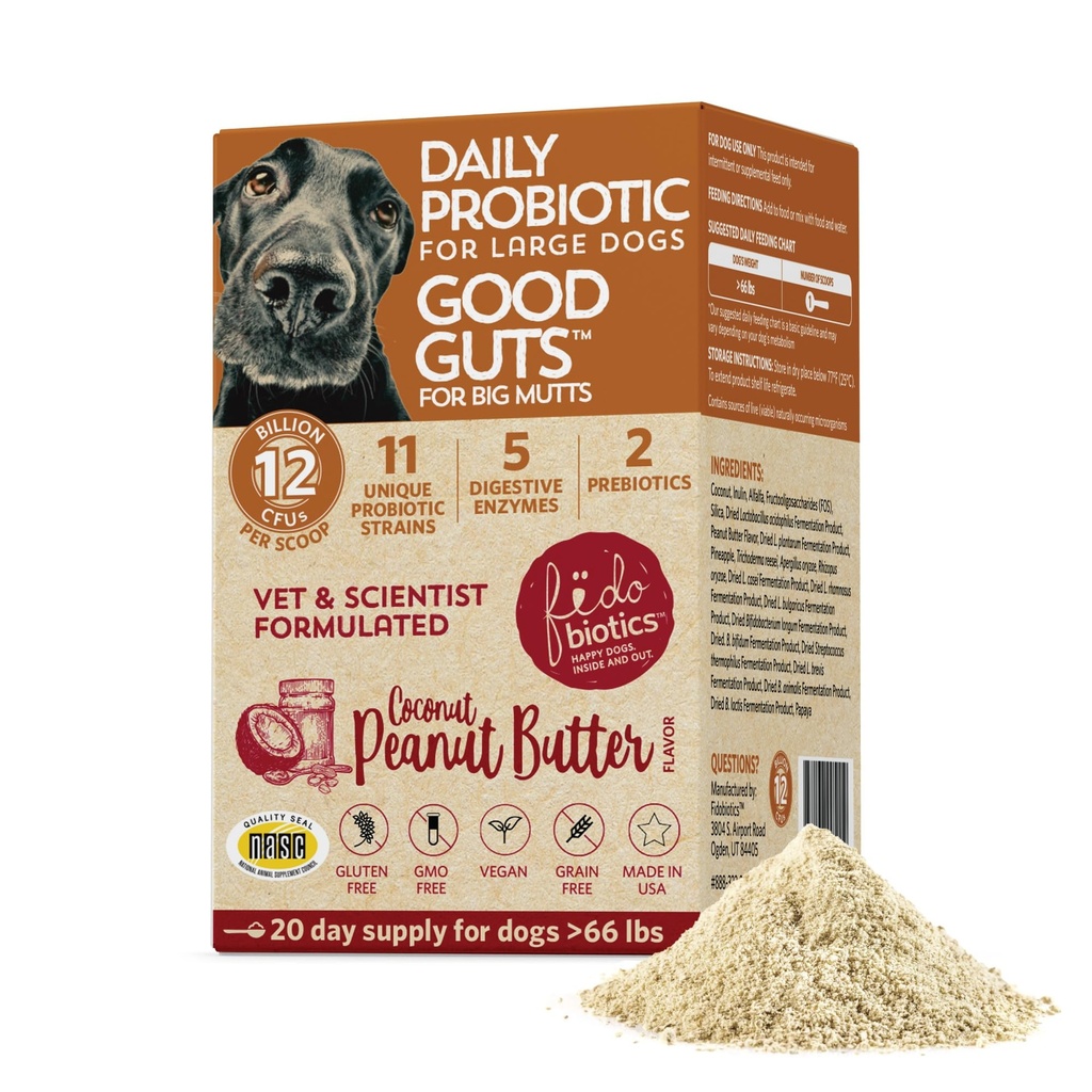 Fidobiotiká Dobré Guty pre veľké mutty Probiotiká pre psy, 12 miliárd CFU, 11 kmeňov, 5 tráviacich enzýmov, 2 Prebiotiká, Tráviace Gut zdravie pre psy, dospelí a šteňa probiotiká Doplnky (20 dní)