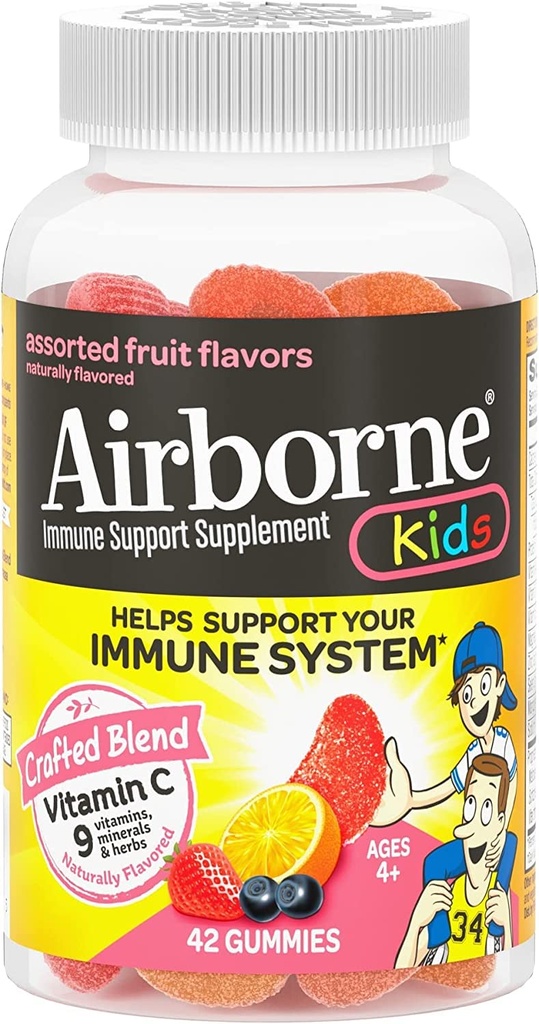 Airborne 500mg Vitamín C + Zinok Imunitná podpora Supplement Gummy pre deti, rozmanitá ovocná príchuť, bezlepková zmes s výkonnými antioxidantmi Vitamíny C & E, 42 Gummies (2 balenia)