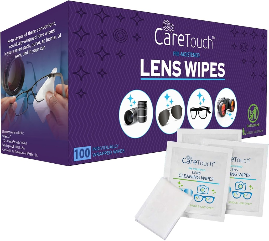 Starostlivosť Touch Lens Wipes pre okuliare- 100 Počítať Individuálne zabalené Pre- Zvlhčené Wipes, 5 x 6 palcov- Kamera Lens, slnečné okuliare a okuliare Čistič,- Jemné a prenosné na čistenie optických zariadení