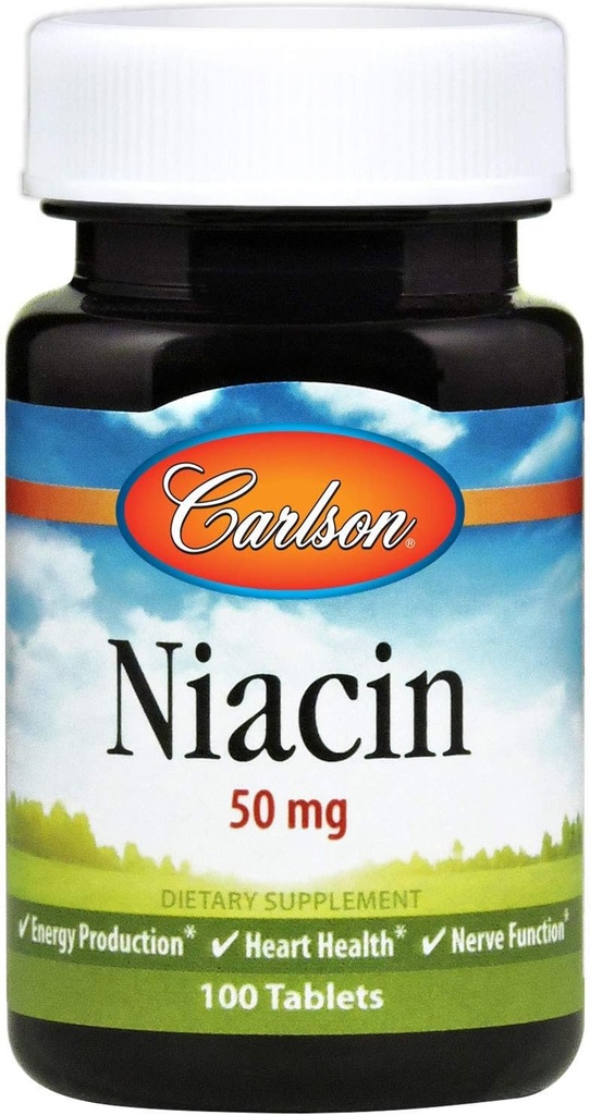 Carlson - Niacin, 50 mg, podporuje metabolizmus cholesterolu, výrobu energie, zdravie srdca, nervovú funkciu, 100 tabliet
