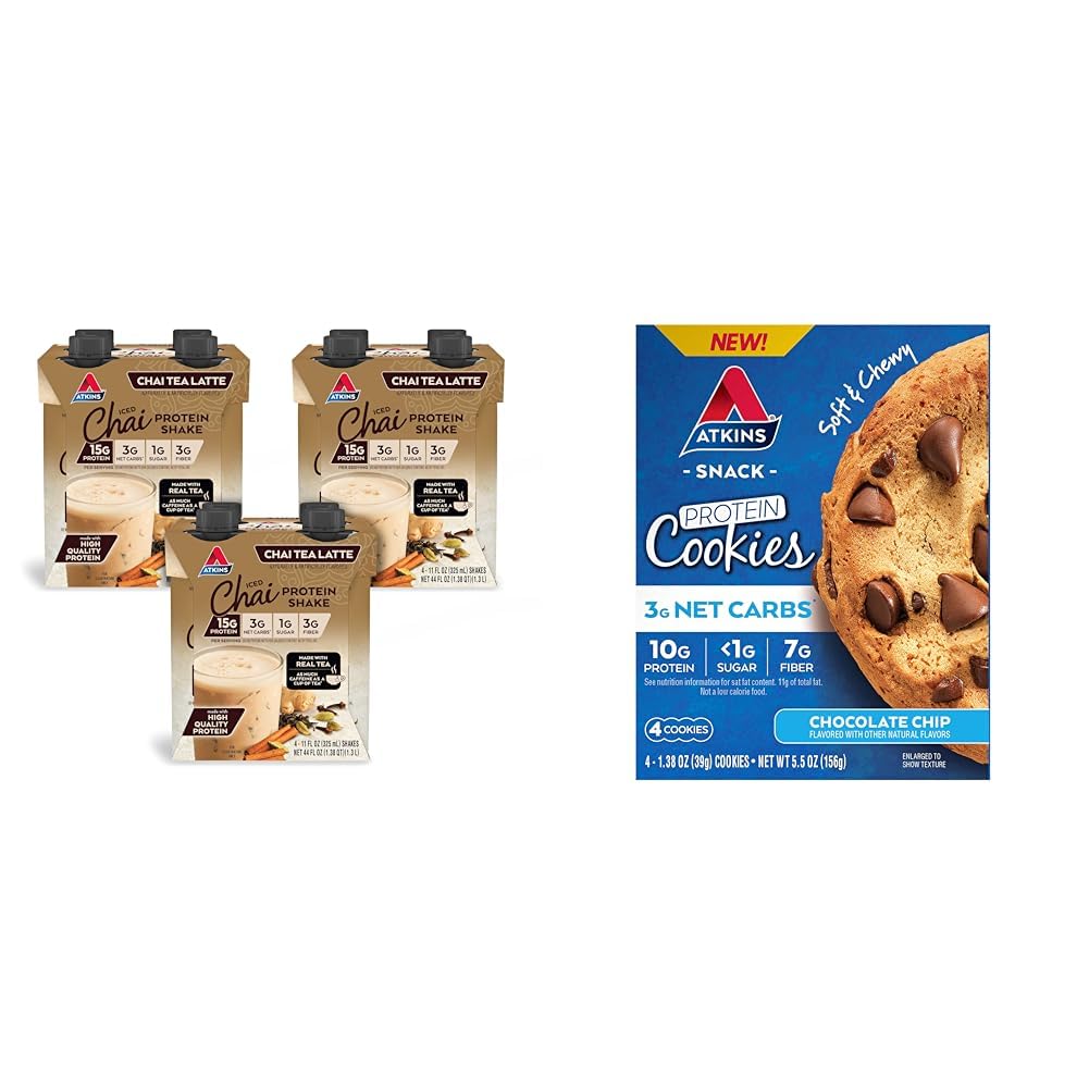 Atkins Chai Tea Latte Protein Shake s 15g proteínom, 3g čistými karbami, 1g cukru a Atkins Čokoládové Chip Bielkoviny Cookie s 10g proteínu, 3g Net Carbs, 1g cukru, Keto Friendly, 4 g