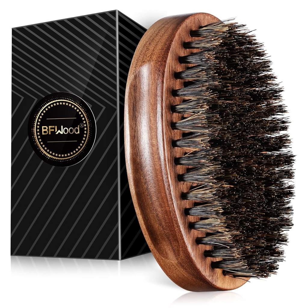 BFWood Boar Bristle Beard Brush - Čierny drevený Walnut vojenský štýl, pánske drevené fúzy kefka