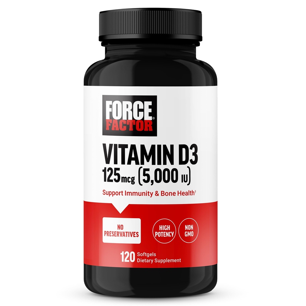 FORCE FAKTOR Vitamín D3 5000 IU Softgels, vysokopotenciálny vitamín D doplnok na podporu imunity a zdravie kostí, Premium kvalita, žiadne konzervačné látky, 120 Softgels