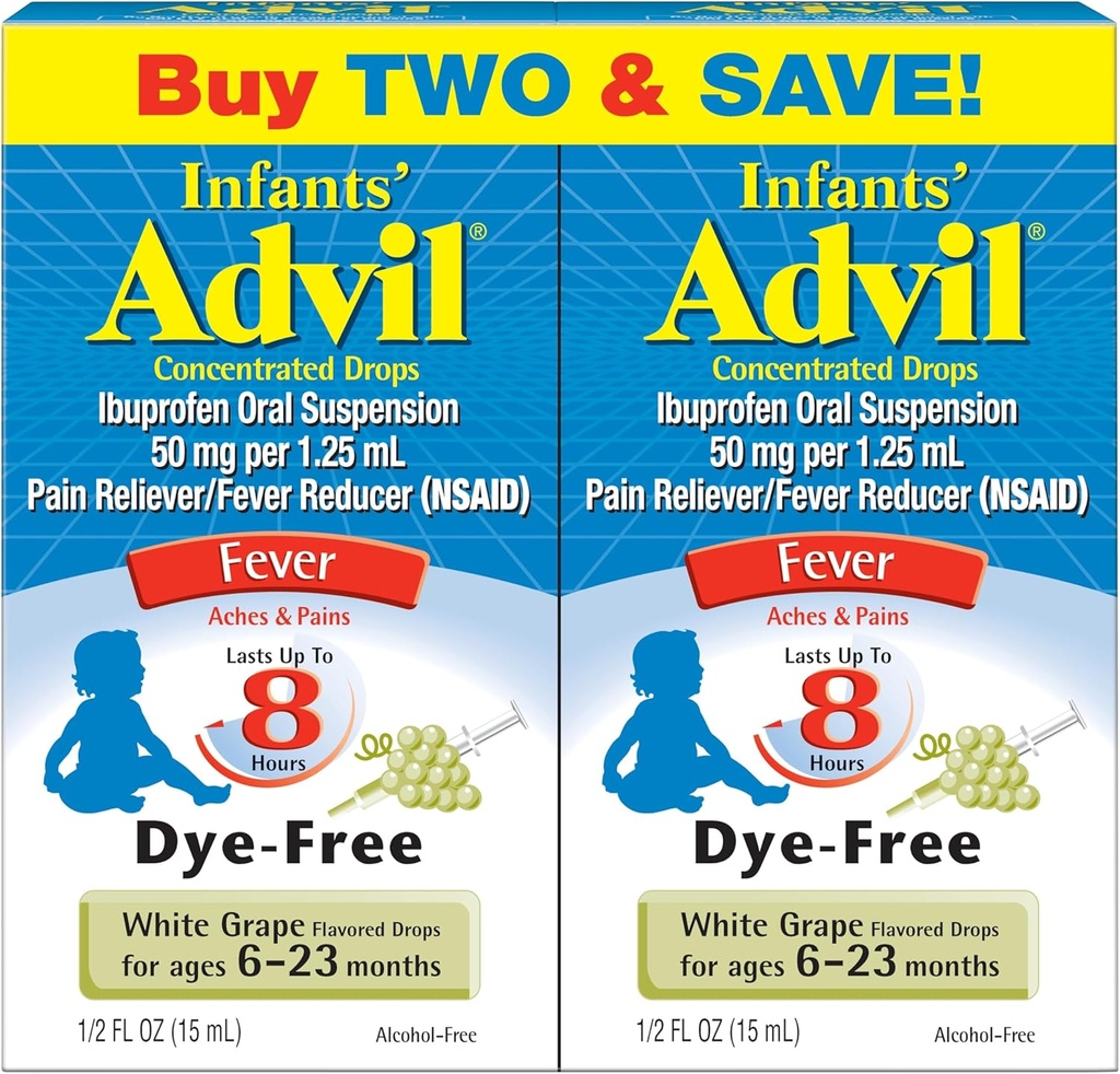 Infants' Advil Liquid Pain Reliever and Baby Fever Reductioner, Infant Ibuprofen Farbenie Bezplatná bolesť Relief a Fever Medicine, White Grape - 0,5 Fl Oz (2 balenia)