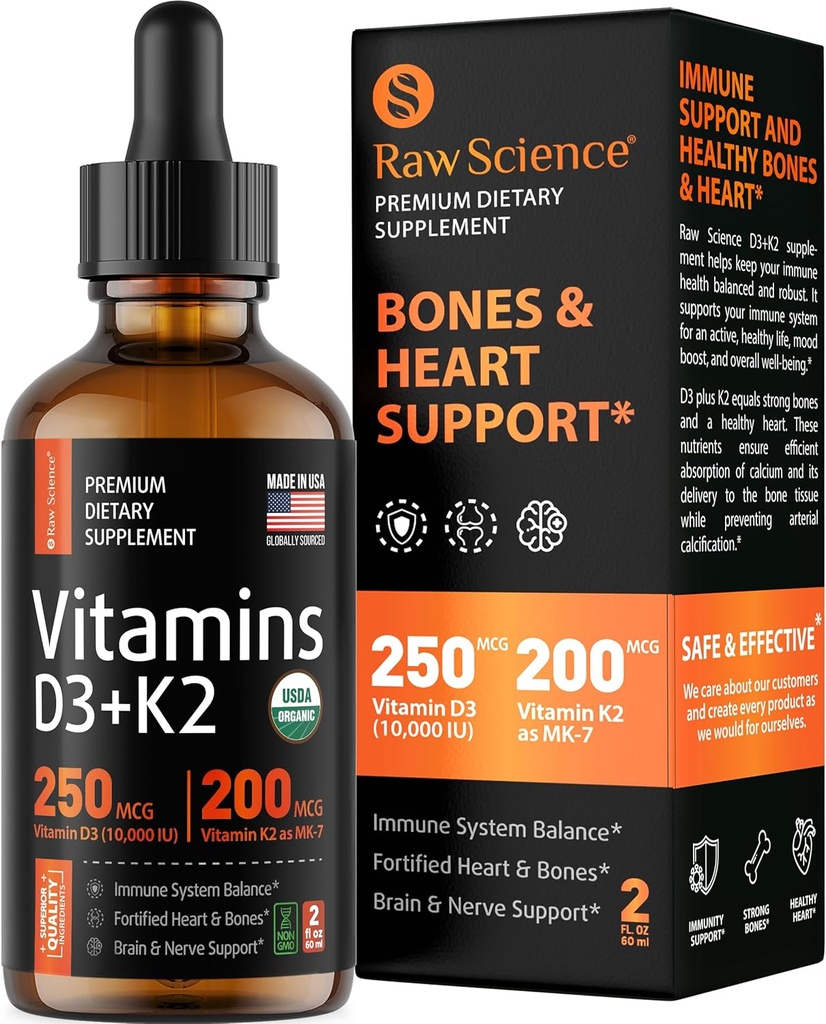 Tekutý vitamín D3 K2 10000 iu & 200 mcg - vitamín D s MK7 vitamín K2 kvapky - kostná hustota a podpora srdca Tekuté vitamíny pre ženy a mužov, vysoká absorpcia vitamínové doplnky K2 D3 - 2 fl oz