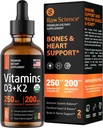 Tekutý vitamín D3 K2 10000 iu & 200 mcg - vitamín D s MK7 vitamín K2 kvapky - kostná hustota a podpora srdca Tekuté vitamíny pre ženy a mužov, vysoká absorpcia vitamínové doplnky K2 D3 - 2 fl oz