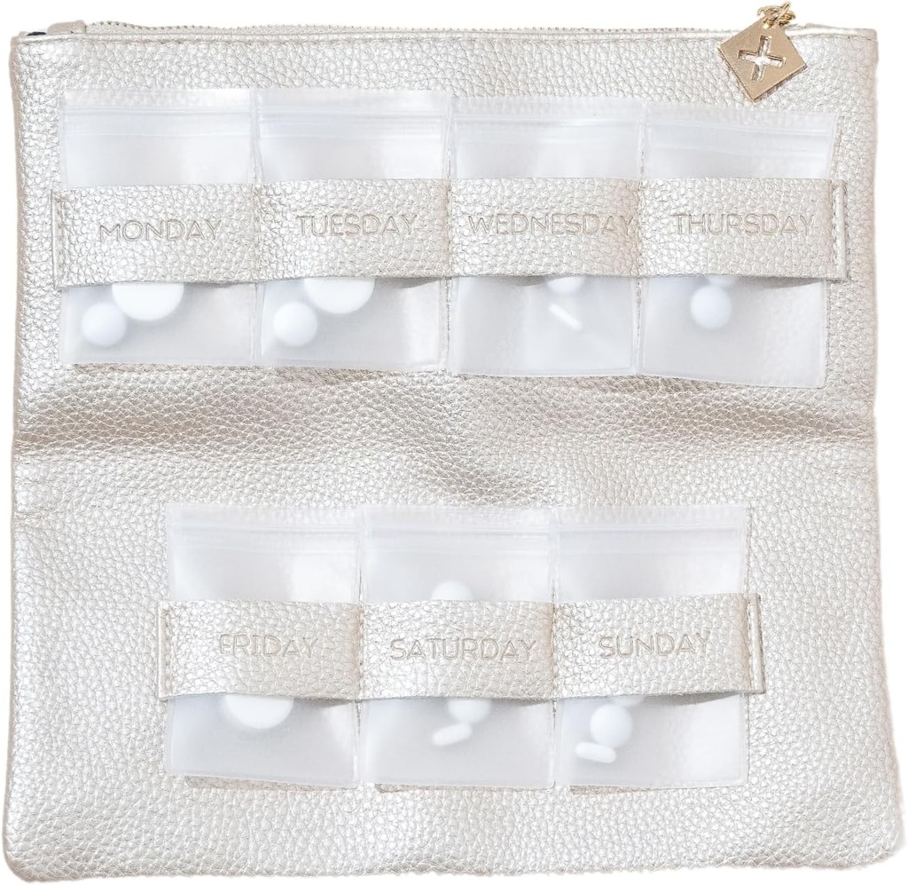 Dosey Gold Era 7-Day Pill Purse - Vegan Leather Daily Pill Organizátor - Luxusné cestovné Puch, vzduchotesné Pill Pockets pre skladovanie a ochranu medicíny - Štýlové Pilulky Sorter a medikačné Organizátor