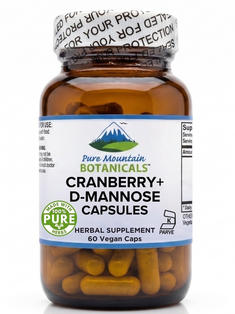 Pure Mountain Botanicals Cranberry D Mannose Kapsule - 60 Kosher Vegan Caps - 1000mg D Mannose s Cranberry koncentrátom Plus vitamín C