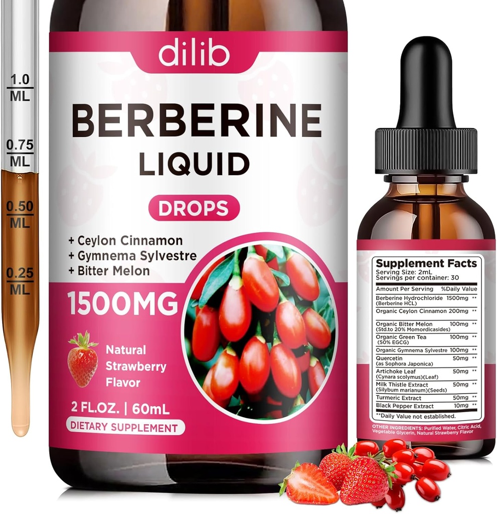 Berberine Supplement Liquid Drops - Berberine HCL 1500mg s Ceylon škorica, horký Melon, Gymnema Sylvestre pre immune, Digestion System & Heart Health, Natural Strawberry Flavor, 2 Fl Oz
