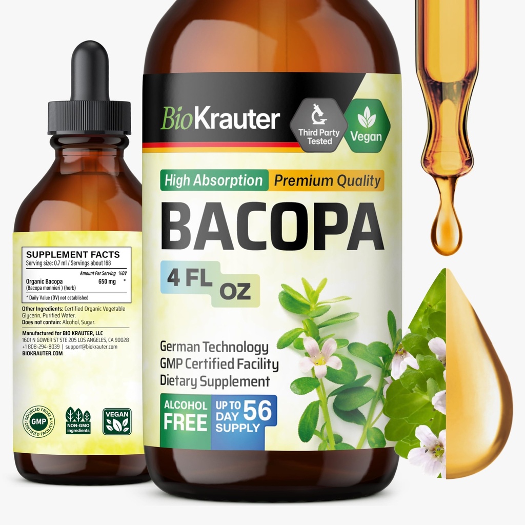 BIO KRAUTER Bacopa Monnieri Supplement Liquid - Podpora mozgu Brahmi - Bezalkohol a cukor Liquid Bacopa Herb kvapky 4 Fl.Oz.