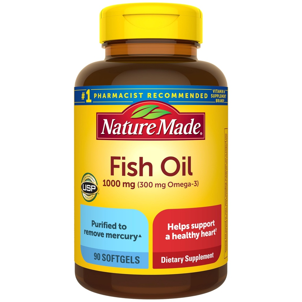 Nature Made Fish Oil Omega 3 Doplnky, 1000 mg Softgels, Omega 3 Rybí olej pre zdravú podporu srdca, 90 Softgels, 45 Day Supply