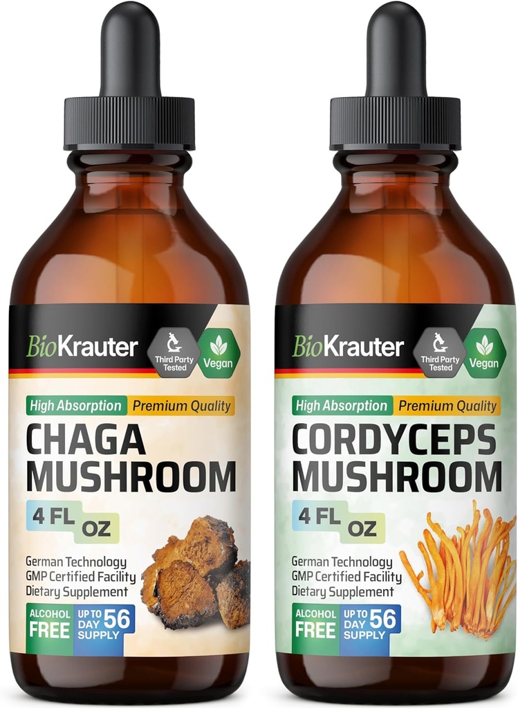 BIO KRAUTER Chaga Mushrom Tincture 4 Fl. Oz. & Cordyceps Mushrom Tincture 4 Fl. Oz.
