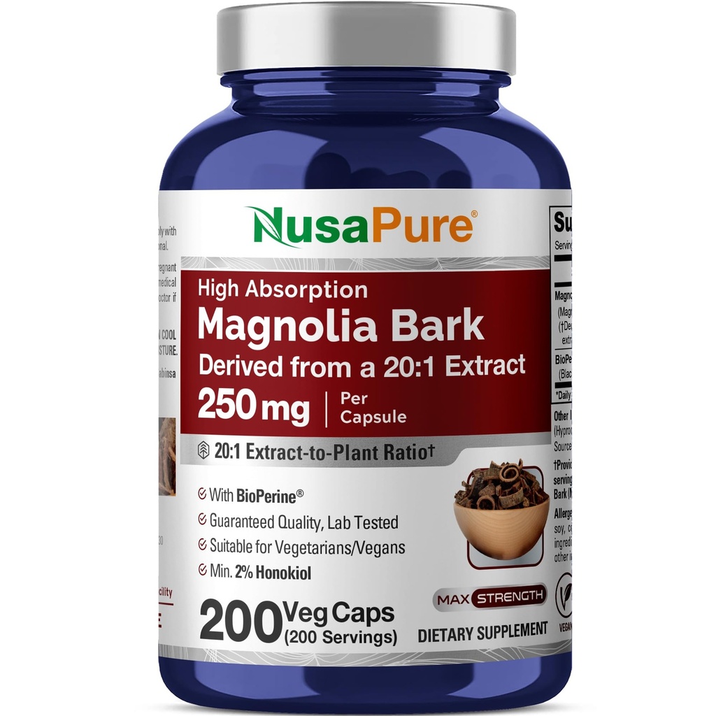 NusaPure Magnolia Bark 20:1 extrakt, 250 mg ekvivalent 5 000 mg 200 Vegan Vegetariánske kapsuly Non-GMO