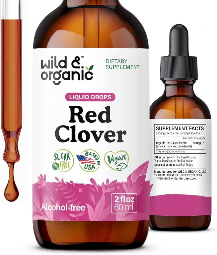 Wild & Organic Red Clover extrakt kvapky - Menopauza Doplnky pre ženy - 600 mg Tekuté červené Clover Tinktúra - 1-Montna zásoba - Trifolium Pratense Blossom - Cukor a alkohol - 2 oz